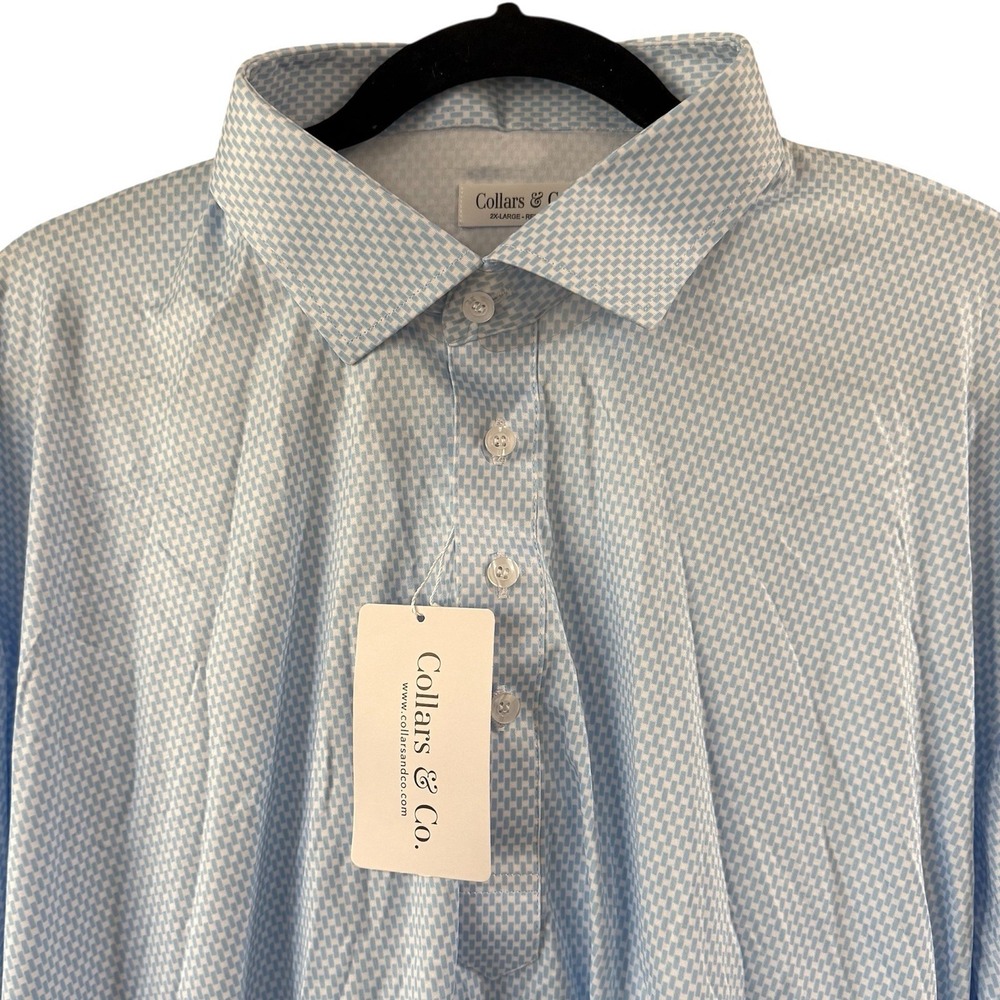 Collars & Co Dress Collar Polo Shirt Mens XXL Relaxed Blue White‎ SS Golf New